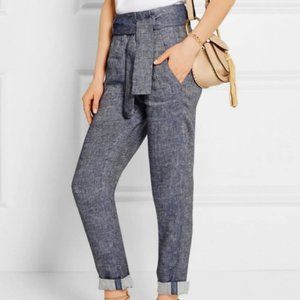 Maje Parisiene Belted Linen Chambray Tapered Pants 38